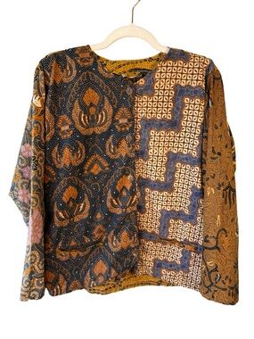 Handmade Patterned Patchwork Batik Top in Mustard & Navy Size M or L Global